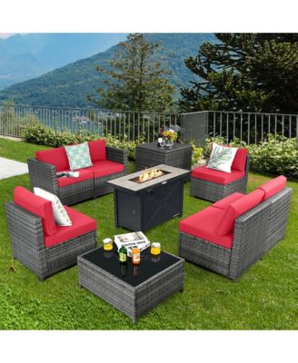 9 PCS Patio Rattan Furniture Set Fire Pit Table Storage Grey W/ Cover