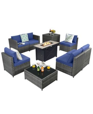 9 PCS Patio Rattan Furniture Set Fire Pit Table Storage Grey W/ Cover