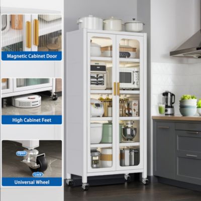 65inch Kitchen Pantry Storage Cabinet 6 Tier Metal Display Cabinet with Transparent Door Adjustable Shelves Wheels White