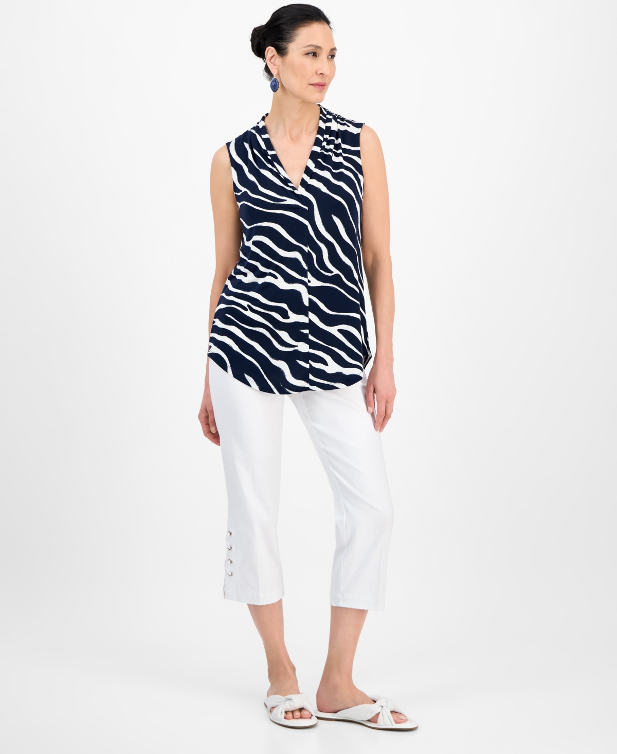Shop Jm Collection Women's Printed V-neck Sleeveless Knit Blouse, Exclusively At Macy's