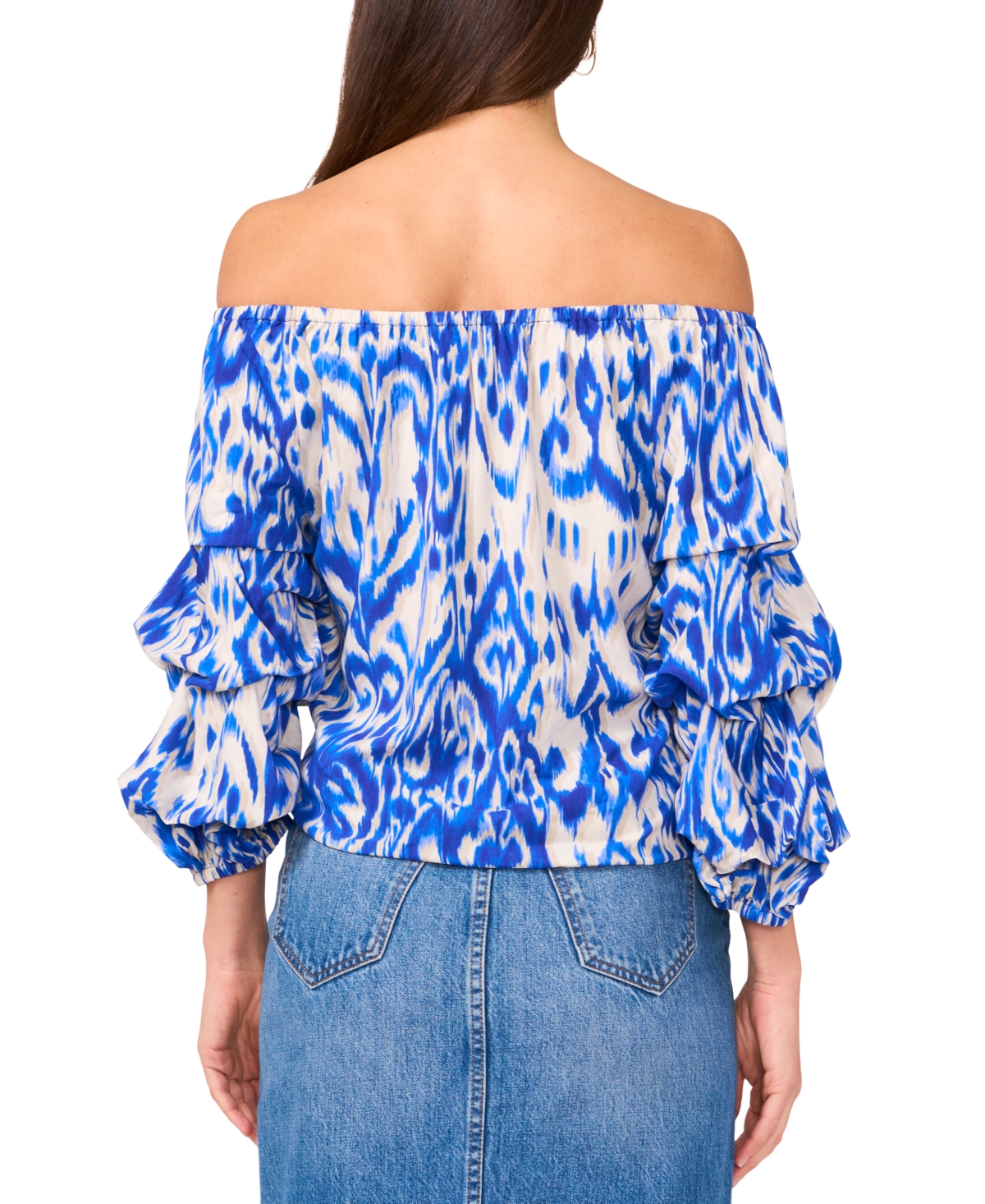Vince Camuto Ikat Print Off The Shoulder Bubble Sleeve Top In Royal Azure