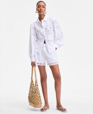 Women's Cotton Eyelet Blouson-Sleeve Blouse, XS-P/XL, Exclusively at Macy's