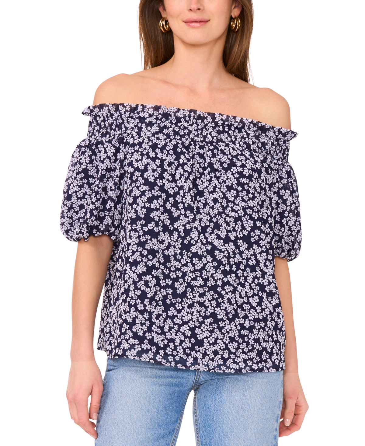 Women's Printed Smocked Off-The-Shoulder Top - Cherries Jubilee