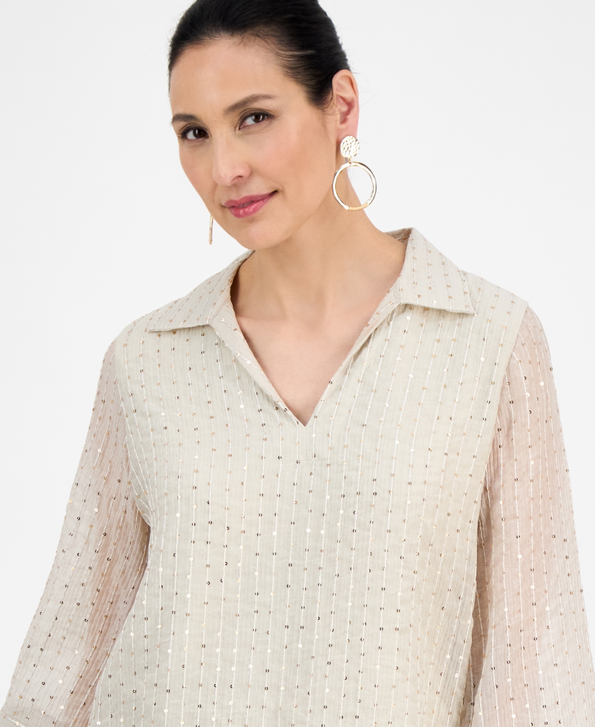 JM COLLECTION WOMEN'S SPREAD-COLLAR CRINKLE SEQUIN TOP, EXCLUSIVELY AT MACY'S 