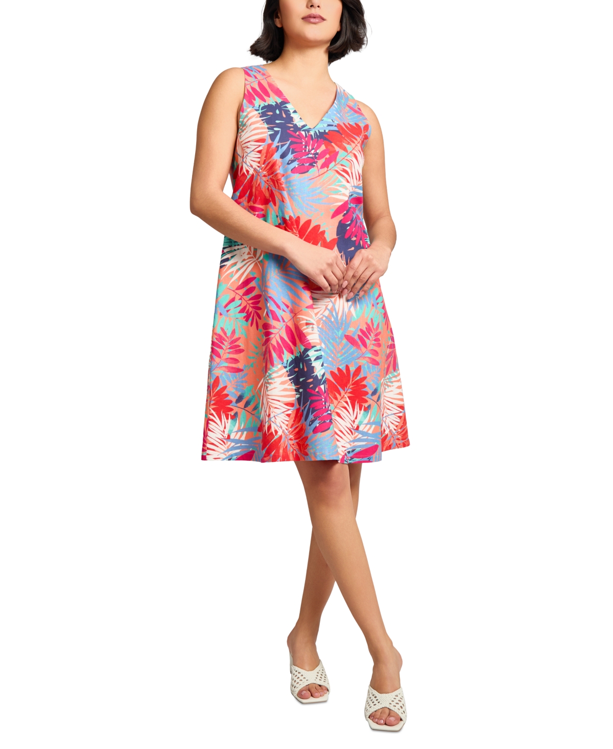 Jones New York Gina Frond Print Linen Blend Trapeze Dress In Multi