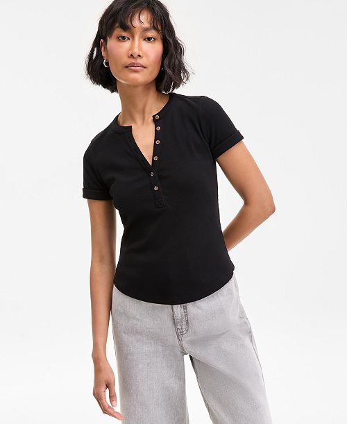 alfani On 34th Women's Roll Cuff Rib-Knit Henley T-Shirt Exclusively at Macy's Women's Fashion Shoes & Accessories