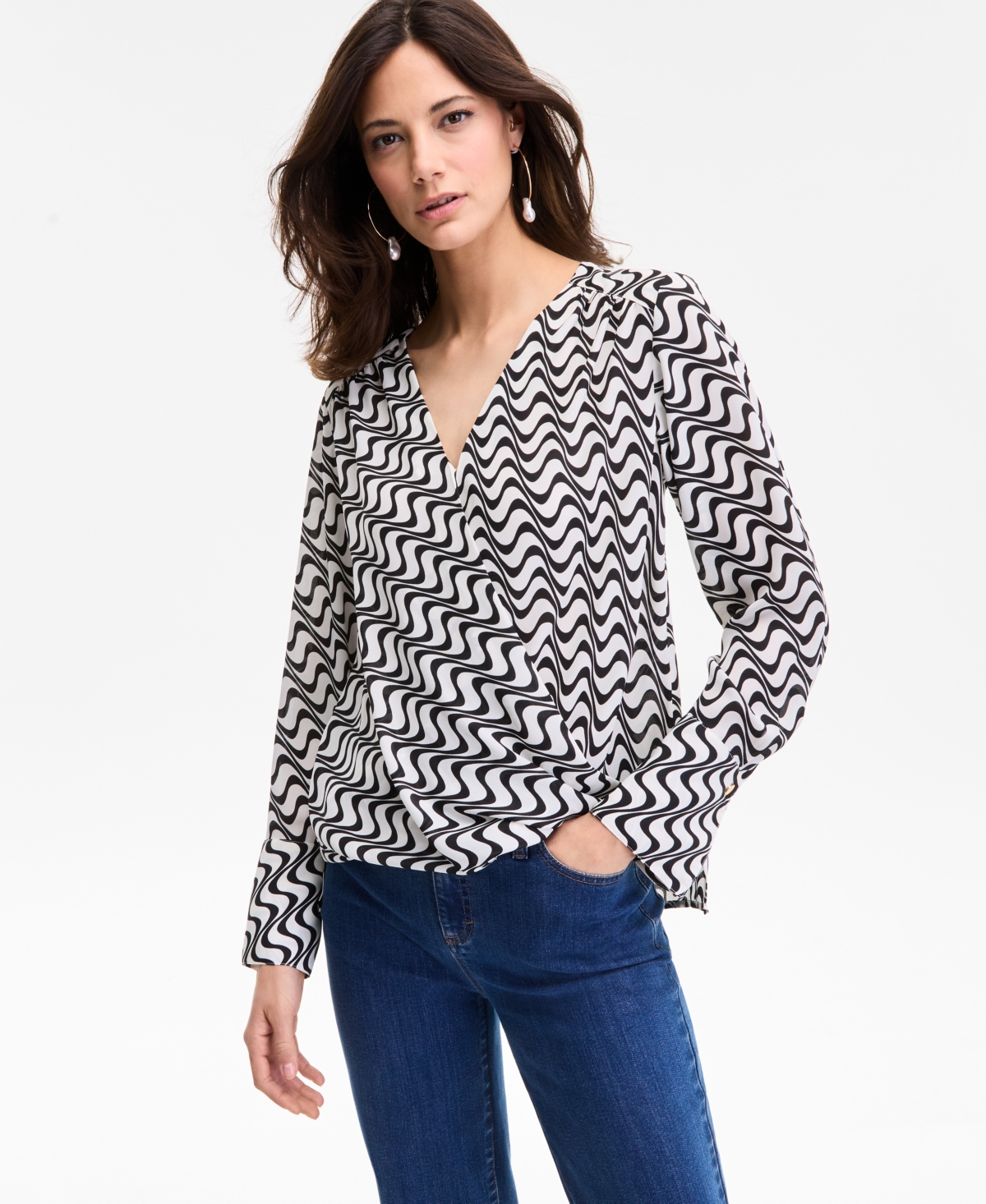 Inc International Concepts Women's Printed Surplice Long-sleeve Blouse, Exclusively At Macy's In Black