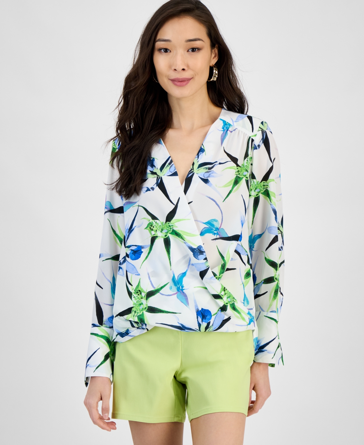 Inc International Concepts Plus Size Printed Surplice Long-sleeve Blouse, Exclusively At Macy's In Green