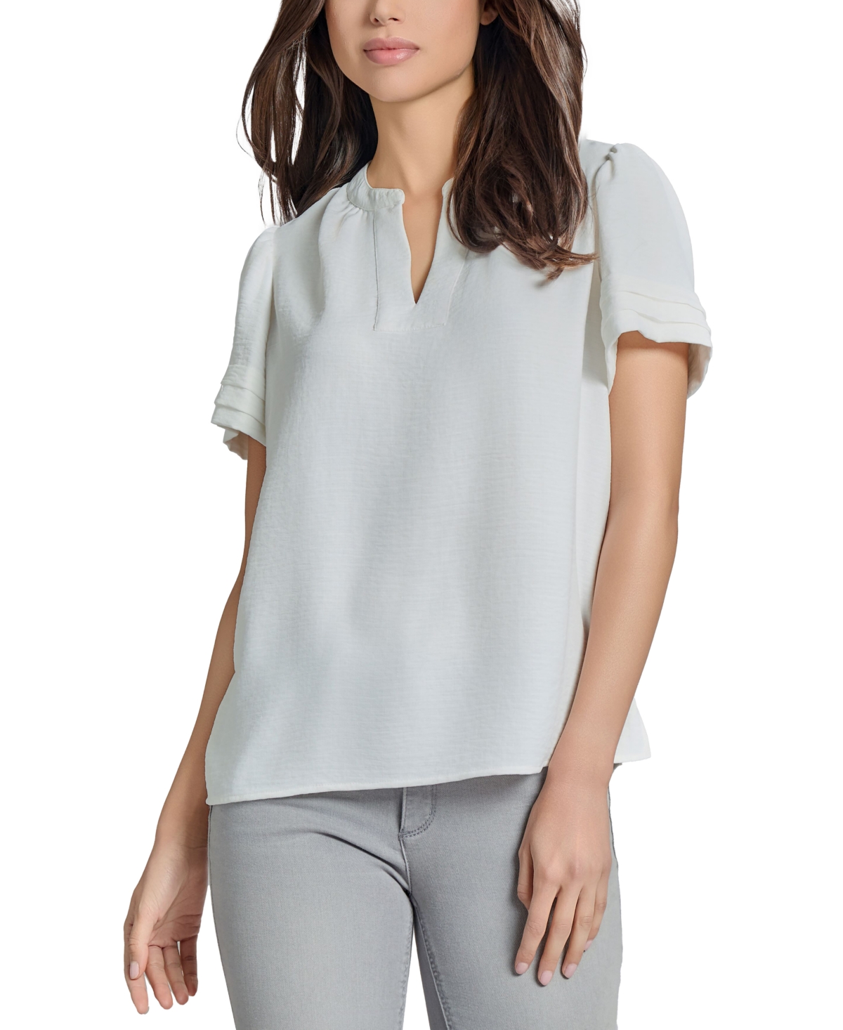 Shop Jones New York Women's Split-neck Pleated-cuff Top In Nyc White