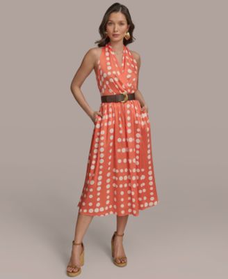 open lace back dress Women's Retro Polka Dot V Neck Short Sleeve Ruffle Wrap Midi Dress, Red / S main image 1