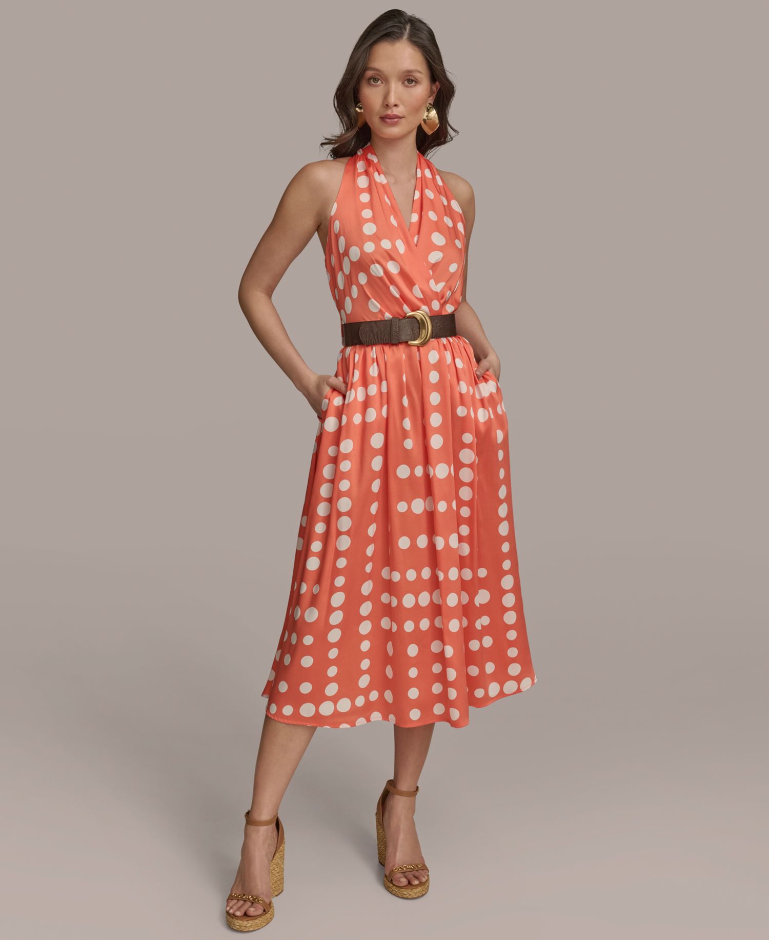Women's Polka-dot Belted A-line Midi Dress