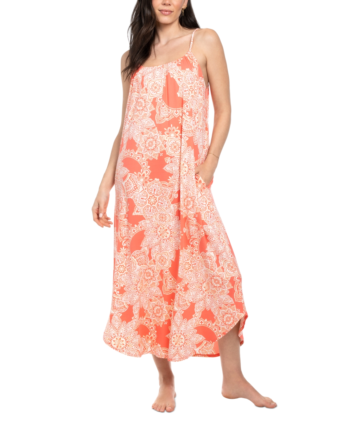 Women's Coral Printed Maxi Nightgown - Coral