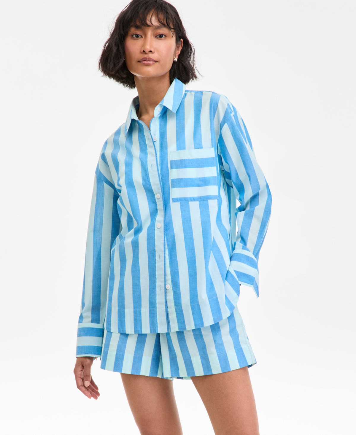 Women's Striped Long-Sleeve Shirt, Exclusively at Macy's - Citrus Yellow Combo