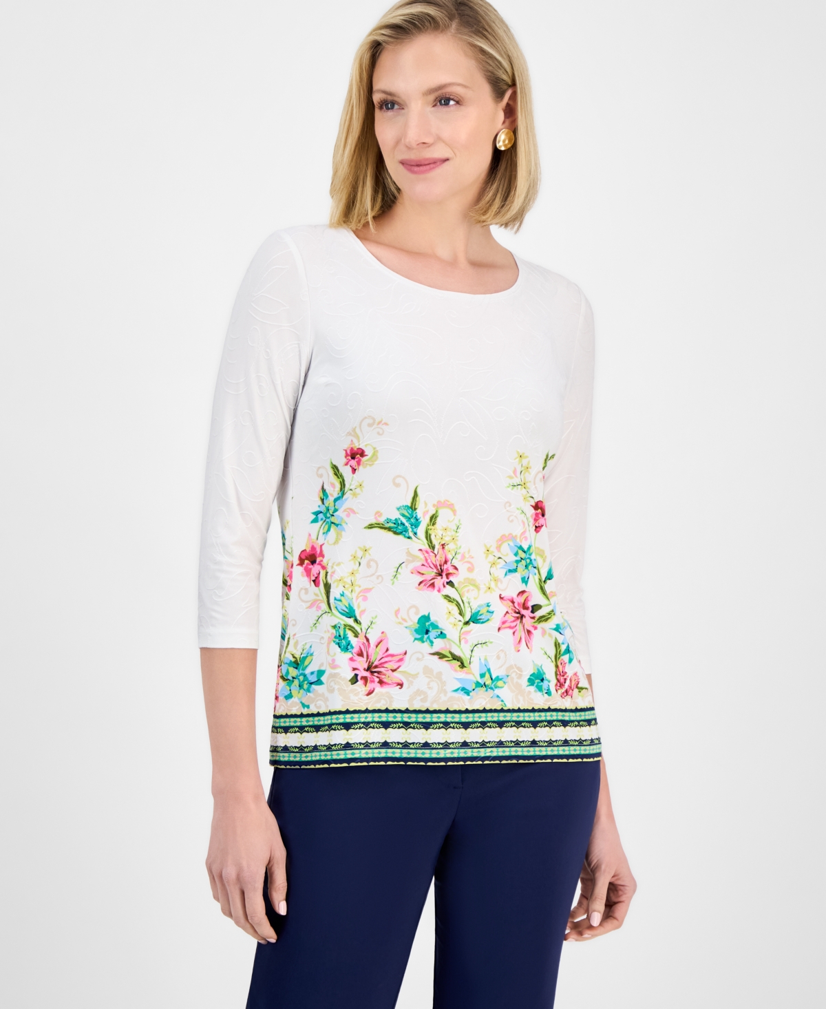 Jm Collection Women's Printed Jacquard 3/4-sleeve Top, Exclusively At Macy's
