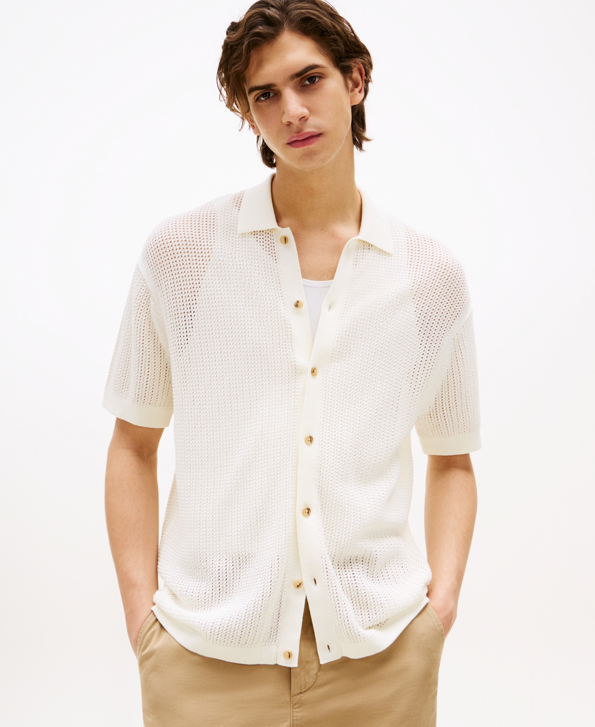 Men's Short-Sleeve Open-Knit Polo Shirt - Ivory Petal