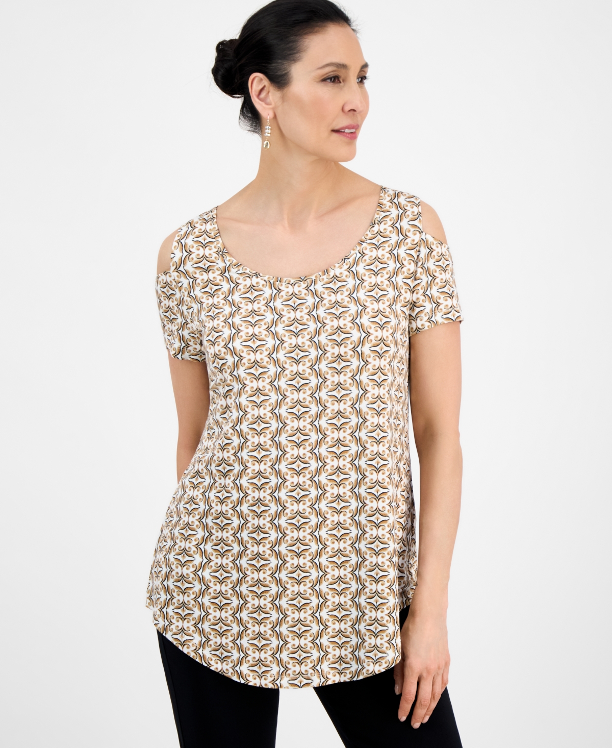 Women's Printed Short-Sleeve Cold-Shoulder Top, Exclusively at Macy's - Rivulet Combo