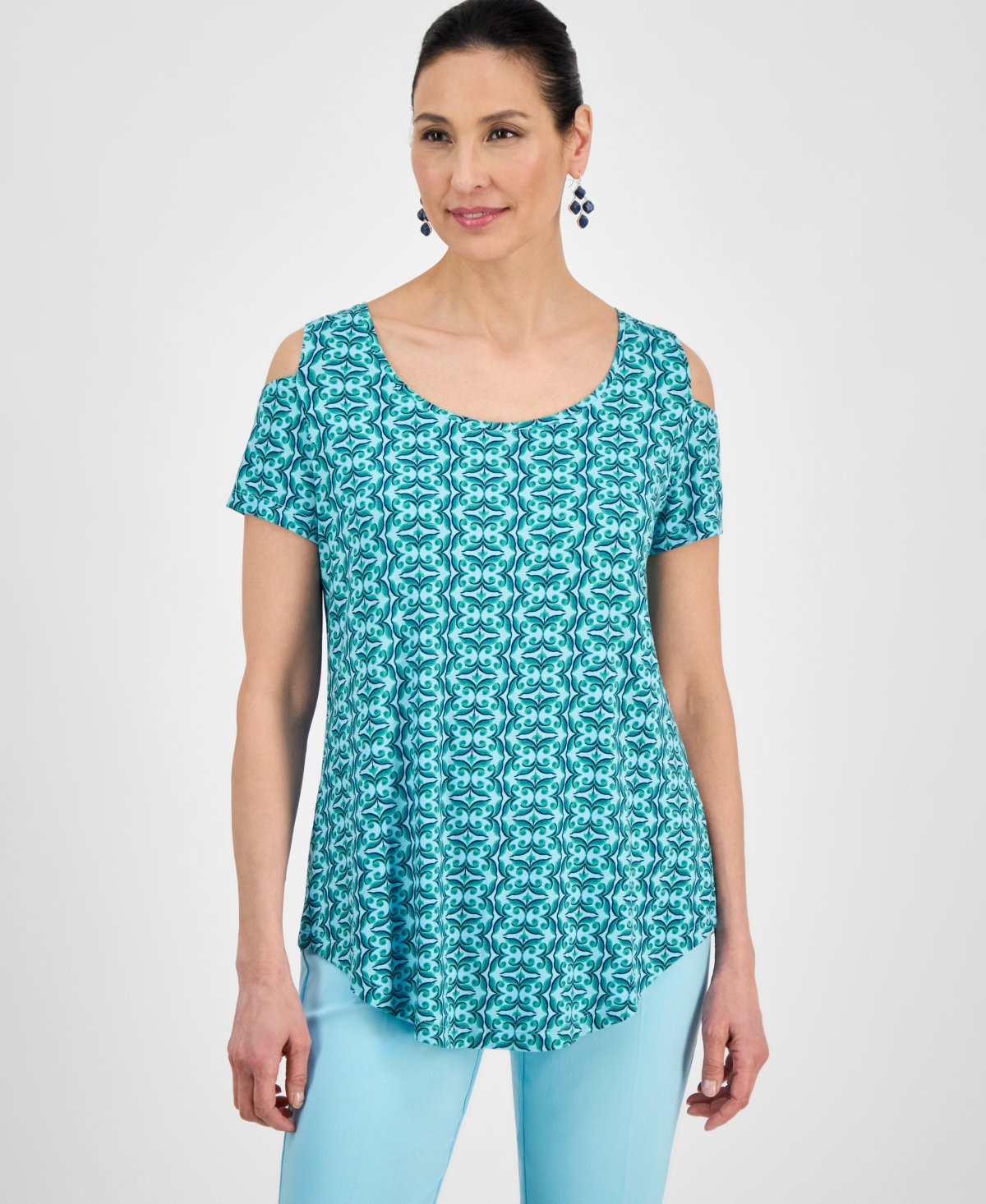 Women's Printed Short-Sleeve Cold-Shoulder Top, Exclusively at Macy's - Rivulet Combo