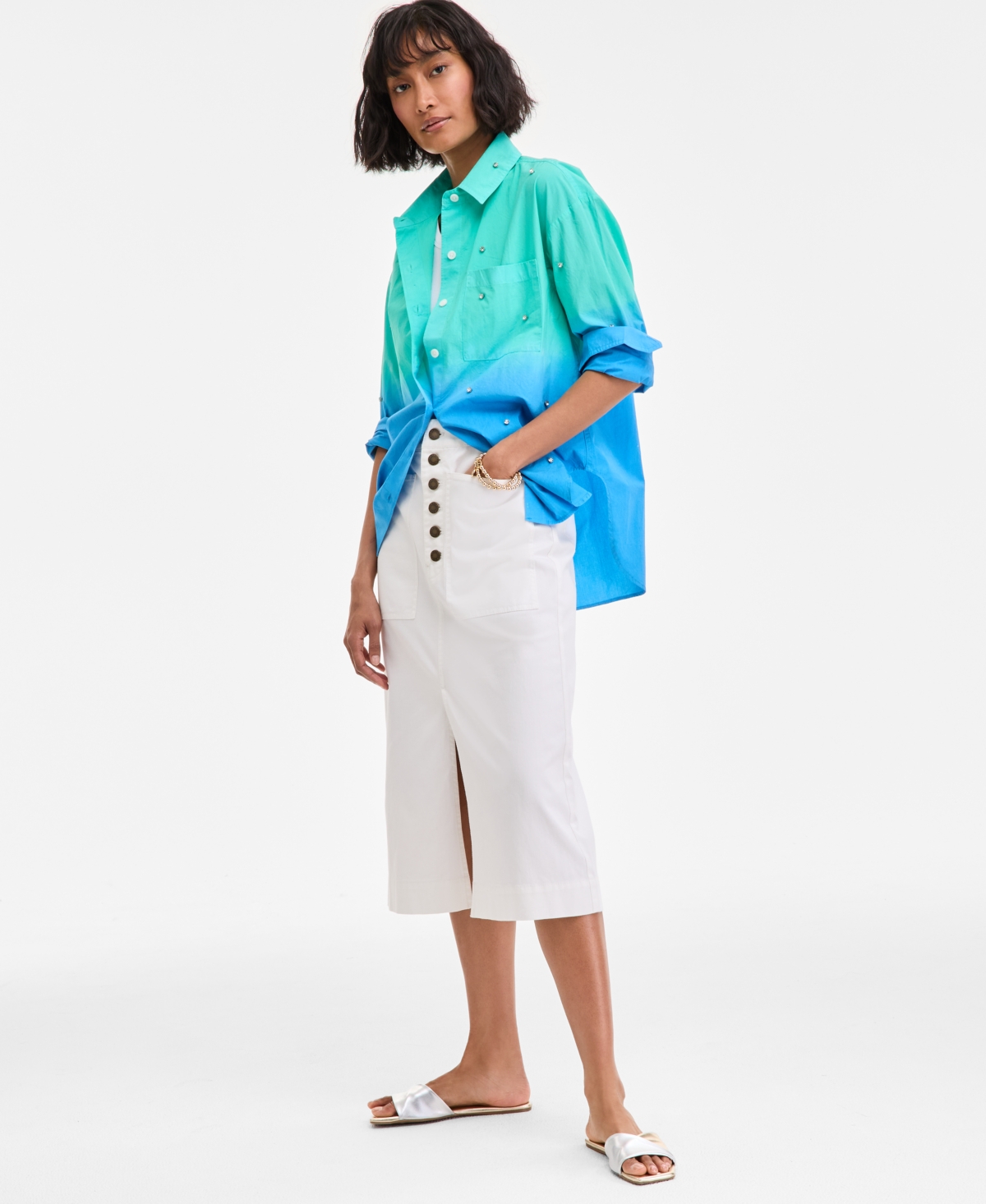 Women's Button-Fly Midi Skirt, Exclusively at Macy's - Palmetto