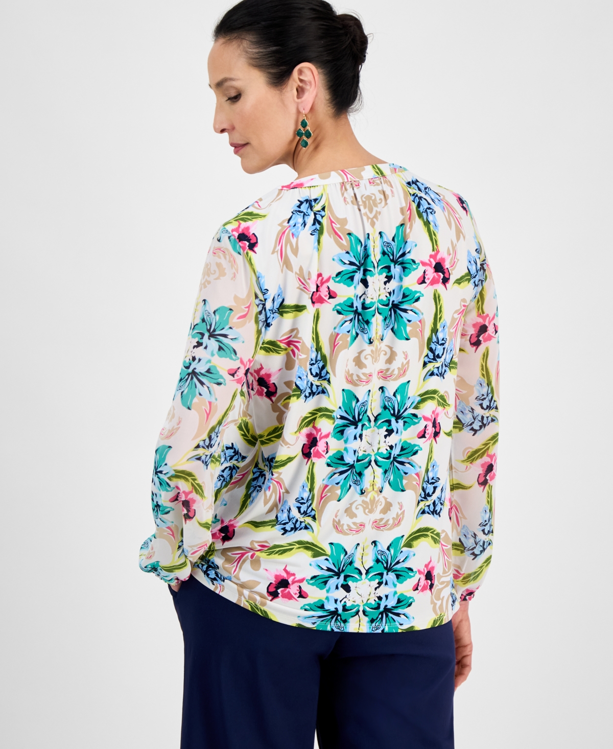 Shop Jm Collection Women's Printed Tie-neck Long-sleeve Blouse, Exclusively At Macy's