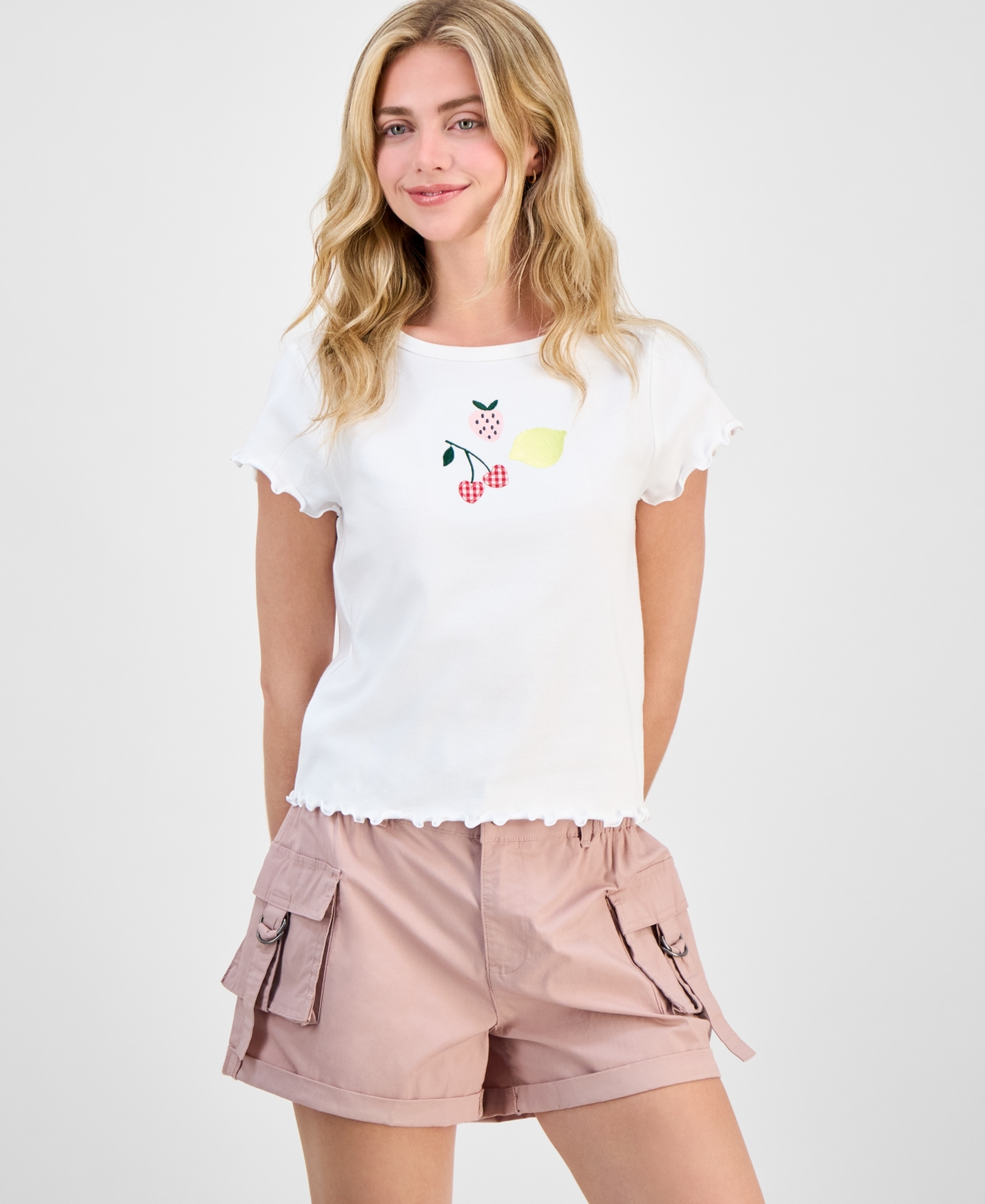 by Iot Juniors' Lettuce-Trim Embroidered Short-Sleeve Tee - White/Gingham Fruits