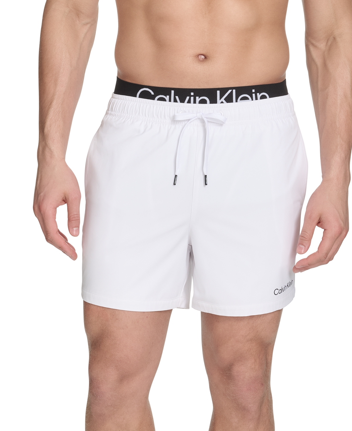 Calvin Klein Men's Logo Elastic Waist Modern Euro 5" Volley Swim Trunks In White