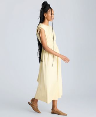 Women's Butter Yellow Ruched Tie-Shoulder Midi Dress
