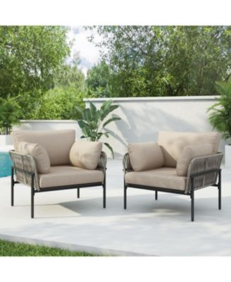 Streamdale Set of 2 Beige Iron Lounge Chairs w/ Cushions, Indoor/Outdoor