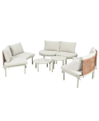 8-Pc Half Moon Patio Sofa Set, Wicker, Glass Tables, Cushions & Pillows, Beige
