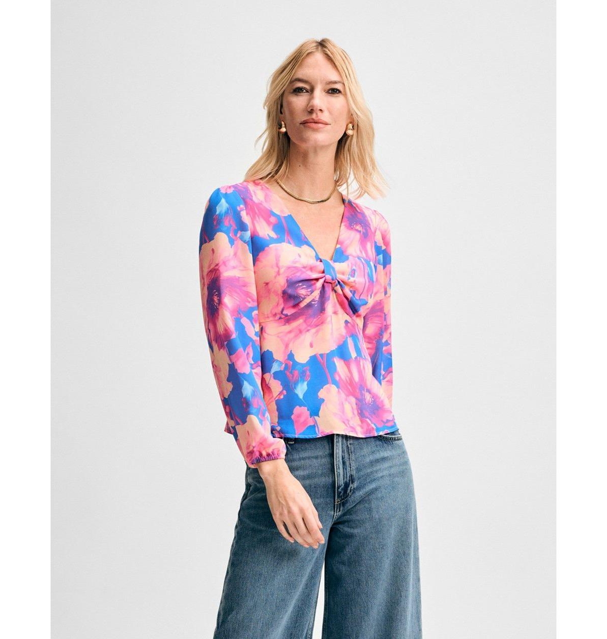 Women's Knot Front Long Sleeve Blouse - Blue multi