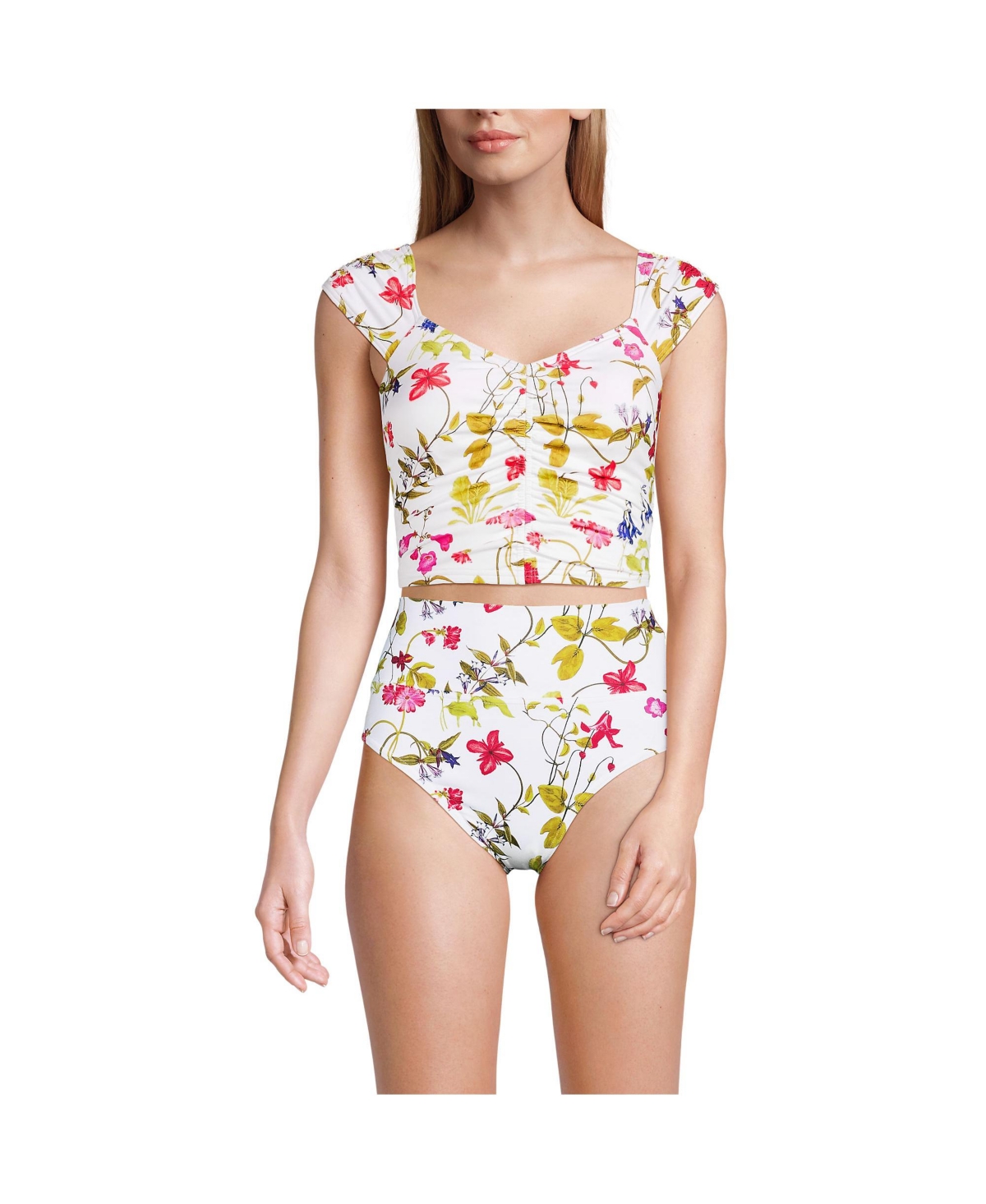 Women's Ruched Cap Sleeve Midkini Top - White multi garden floral