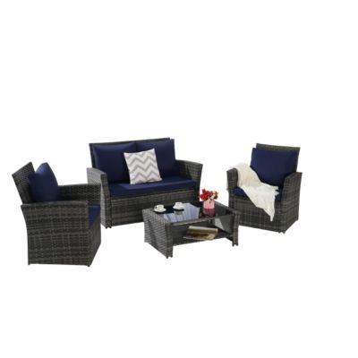 4-Piece Outdoor Patio Furniture Set, Rattan Chairs, Glass Table