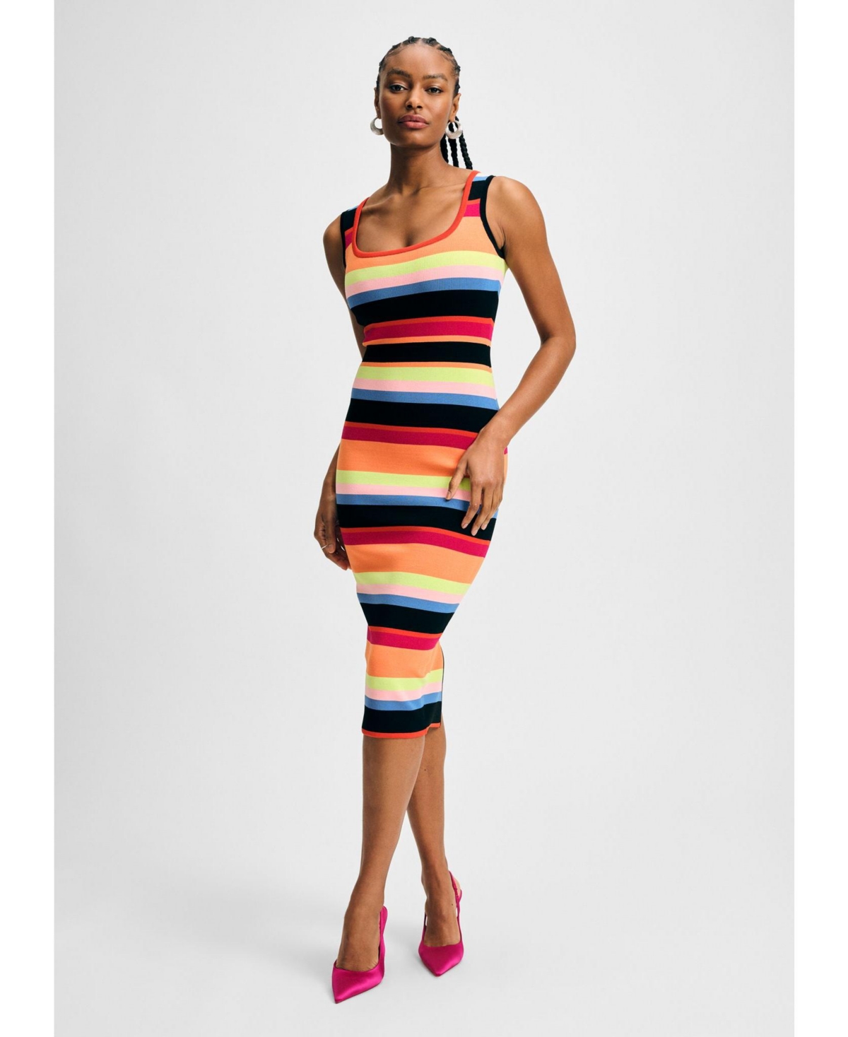 Women's Striped Rib Sweater Midi Dress - Rainbow multi stripe