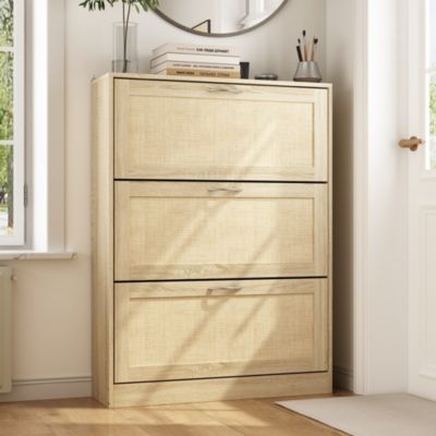 Wooden 3-door yellow shoe cabinet, multifunctional shoe rack with adjustable shelves, rattan drawers