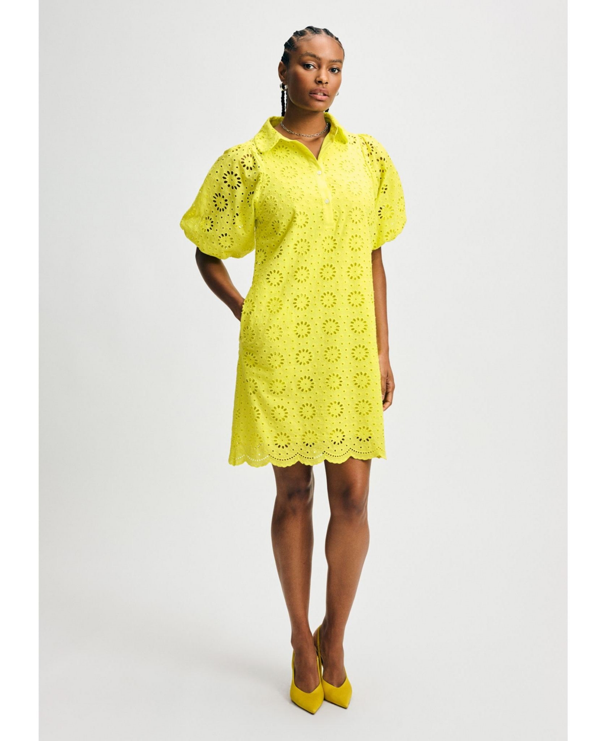 Women's Eyelet Short Puff Sleeve Shirt Dress - White
