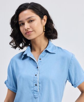 Women's Drawstring Denim Shirt Dress with Front Buttons in Blue