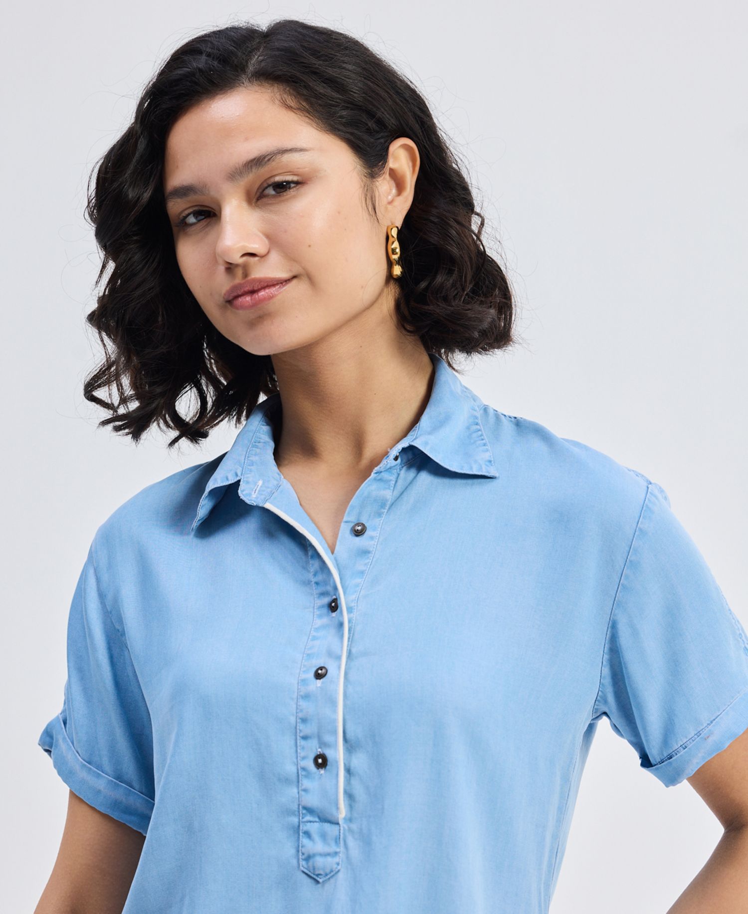 Women's Drawstring Denim Shirt Dress with Front Buttons in Blue