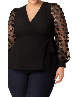 Plus Size Scattered Petals Long Sleeve Wrap Top