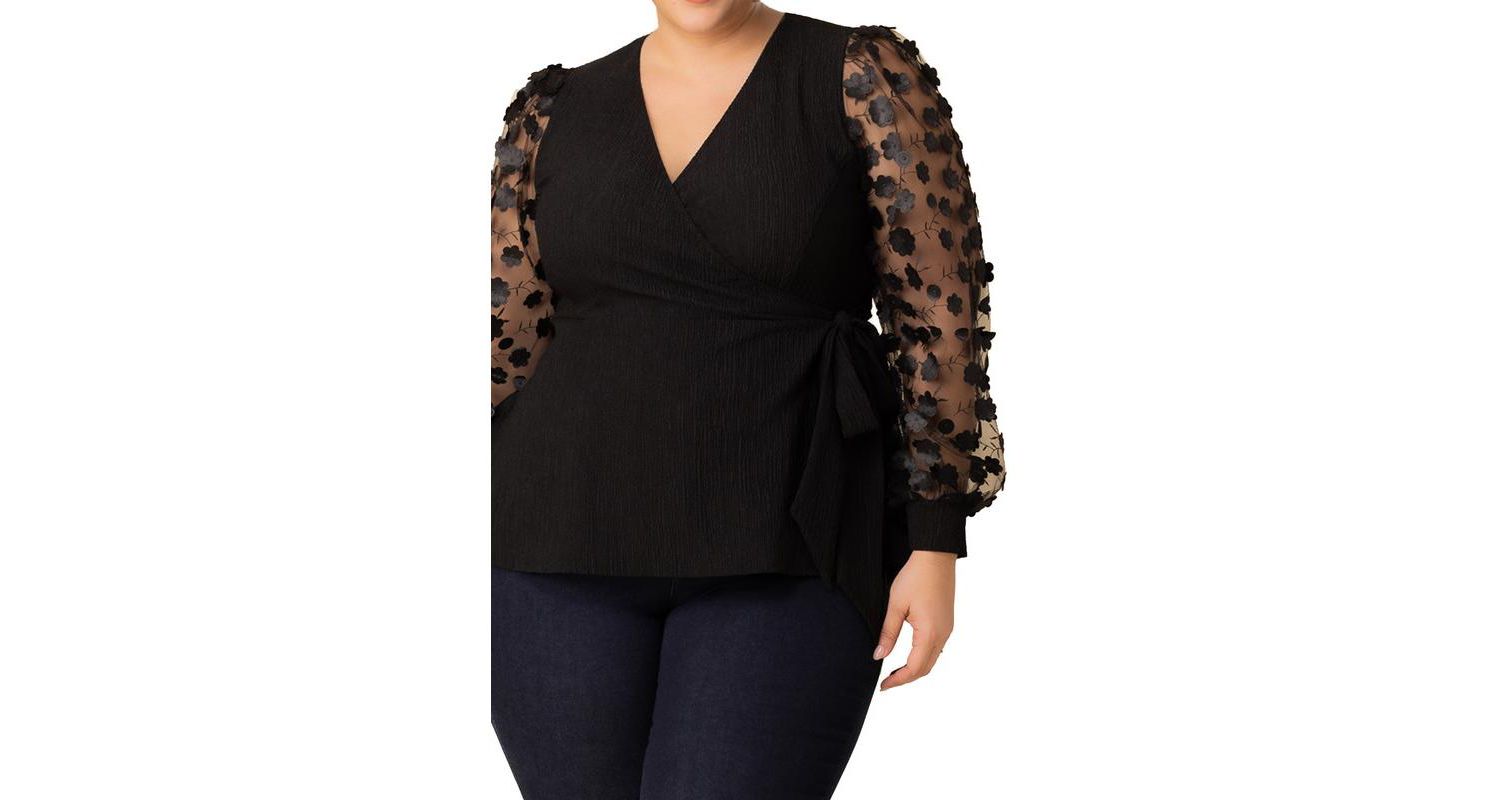 Plus Size Scattered Petals Long Sleeve Wrap Top