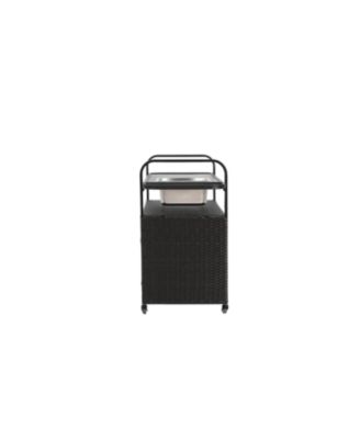 Streamdale Black wicker outdoor bar cart with steel top, ice bucket, locking wheels, and side basket
