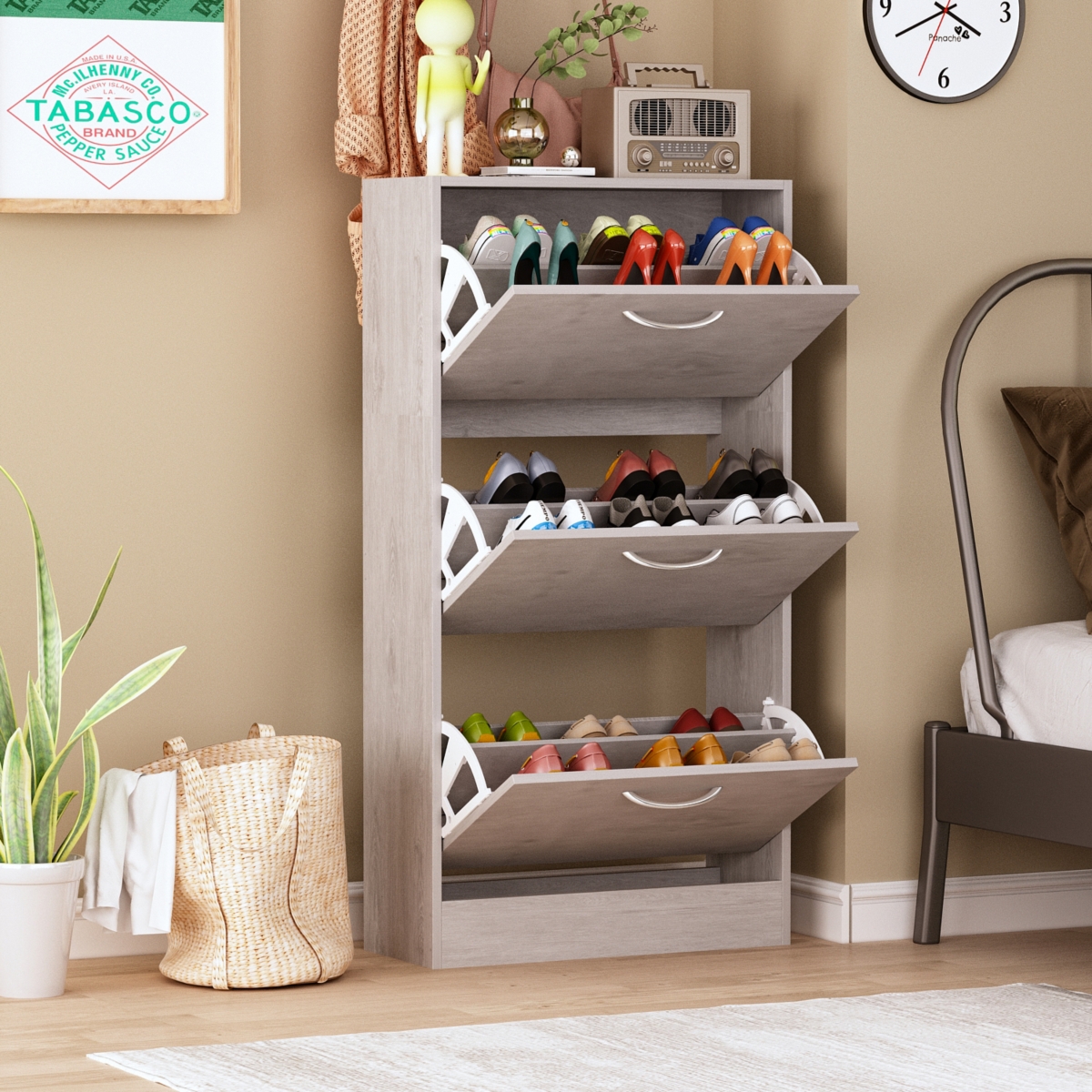 Wooden 3-door grey shoe cabinet, shutter door drawers, multi-purpose shoe rack with adjustable shelves - Grey