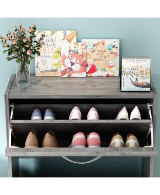 Wooden 3-door natural shoe cabinet, shutter door drawers, multi-purpose shoe rack with adjustable shelves