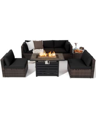 7PCS Patio Rattan Furniture Set 42'' Fire Pit Table w/ Cover Cushioned
