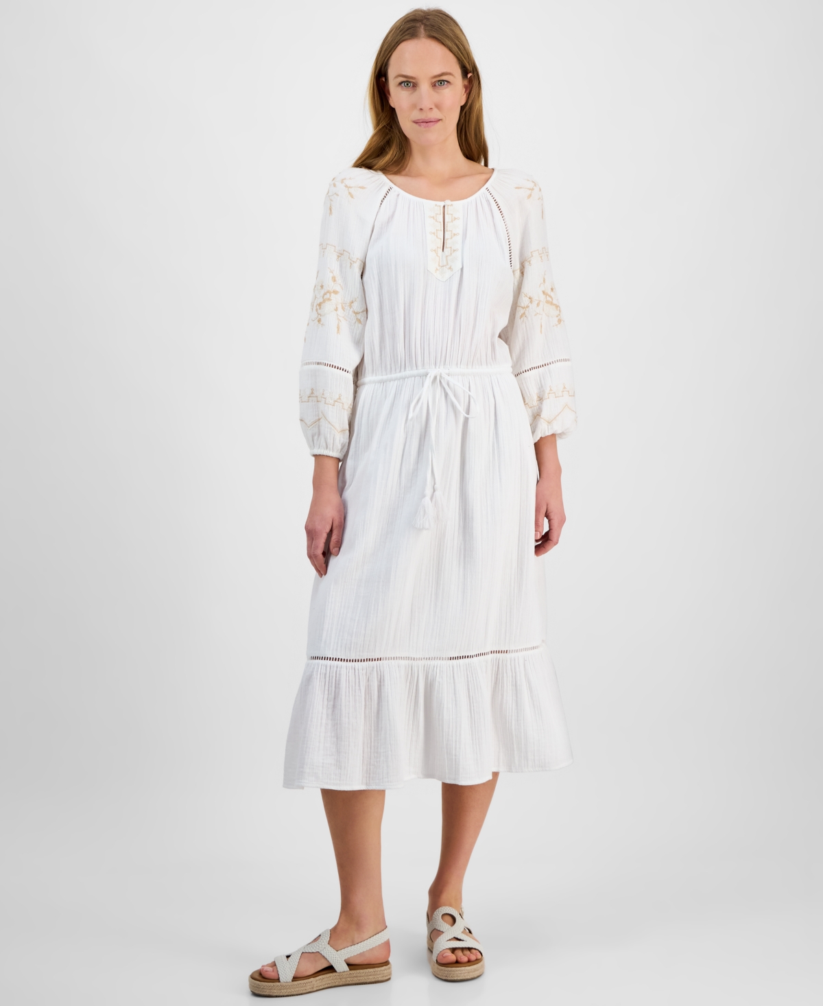 Women's Cotton Gauze Embroidered Midi Dress, Exclusively at Macy's - Embellished White