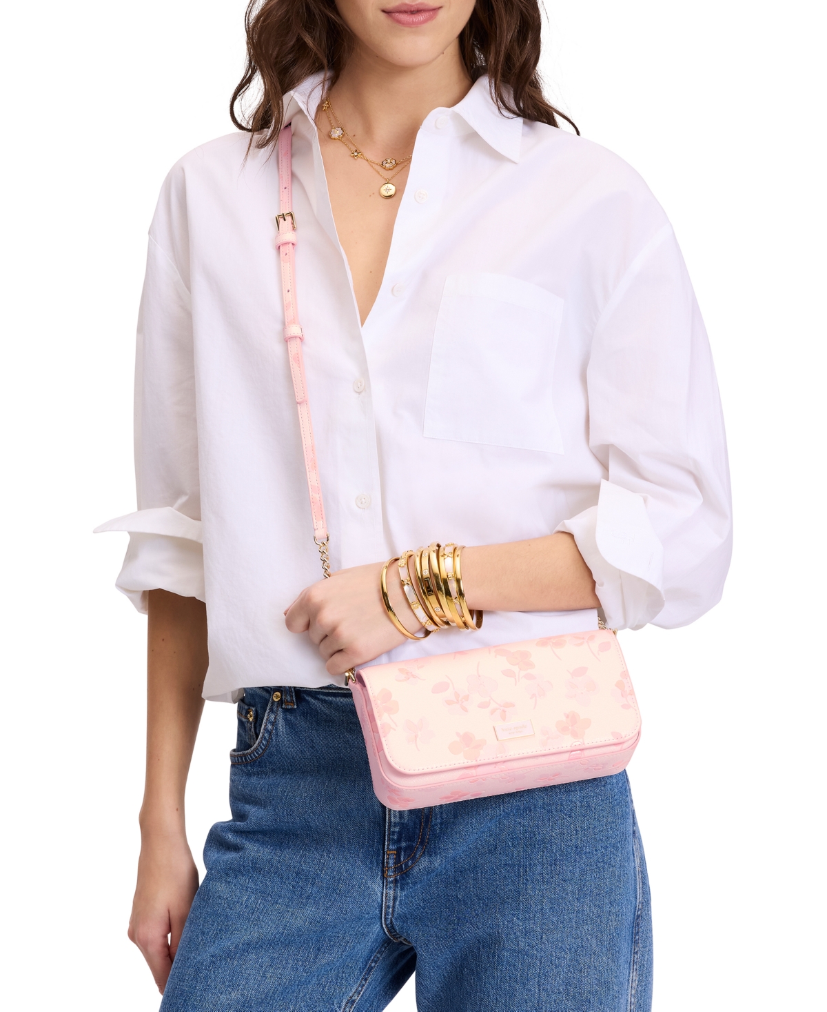 Kate Spade Serena Spring Pansies Leather Chain Wallet In Blush Cloud Multi