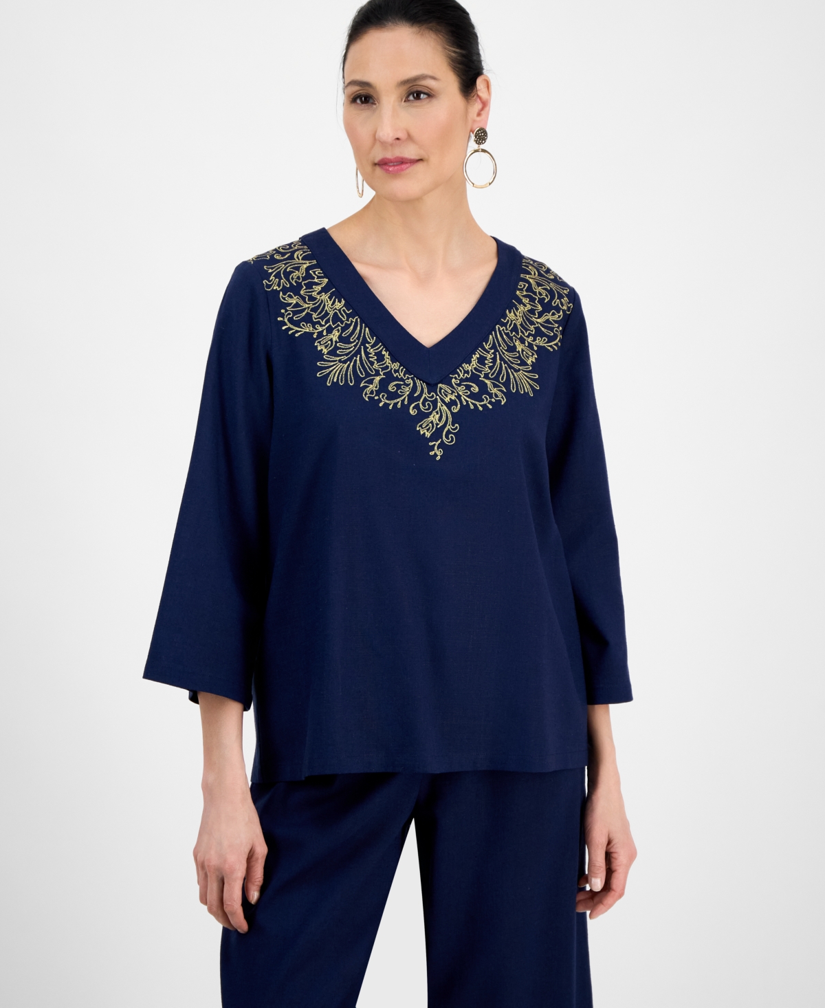 Women's Linen Blend Embroidered-v-Neck Top, Exclusively at Macy's - Intrepid Blue