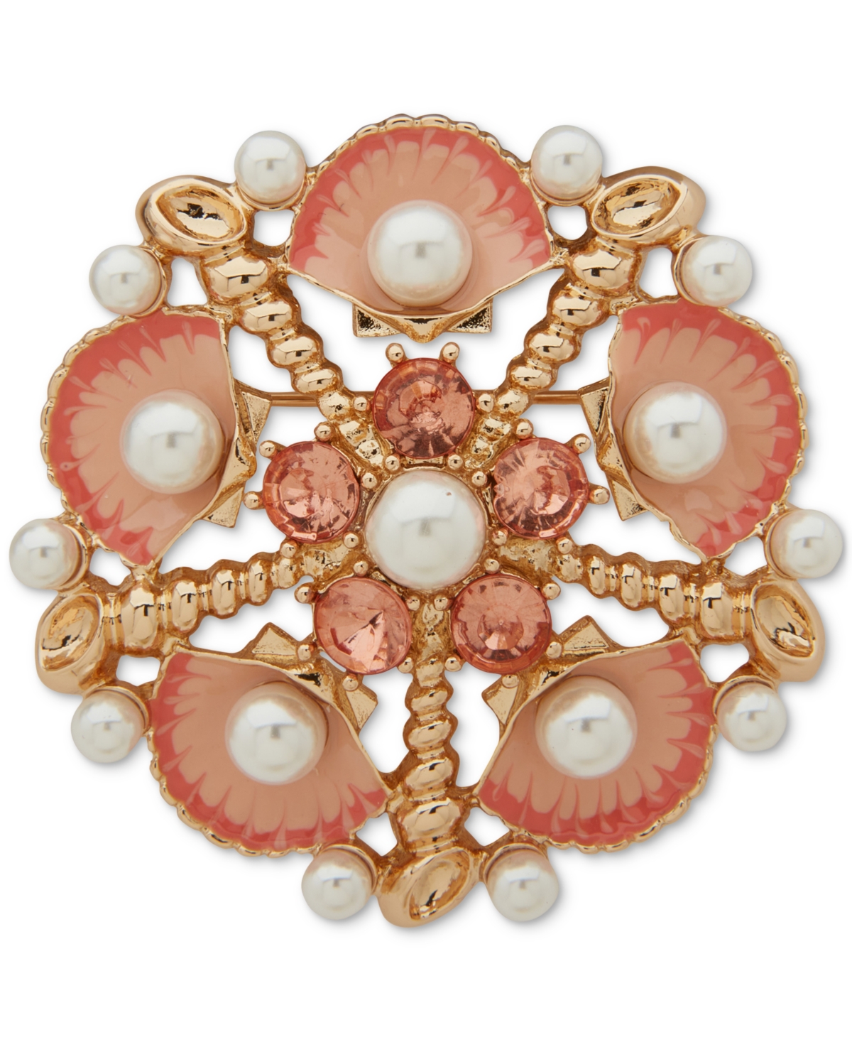 Gold-Tone Crystal & Imitation Pearl Shell Cluster Pin - Orange