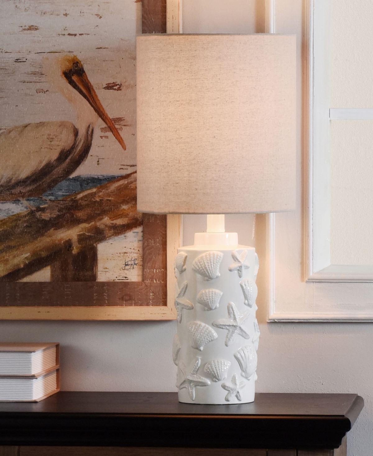 Stylecraft Home Collection 21" Seashell Coastal Motif Fabric Shade Table Lamp In White