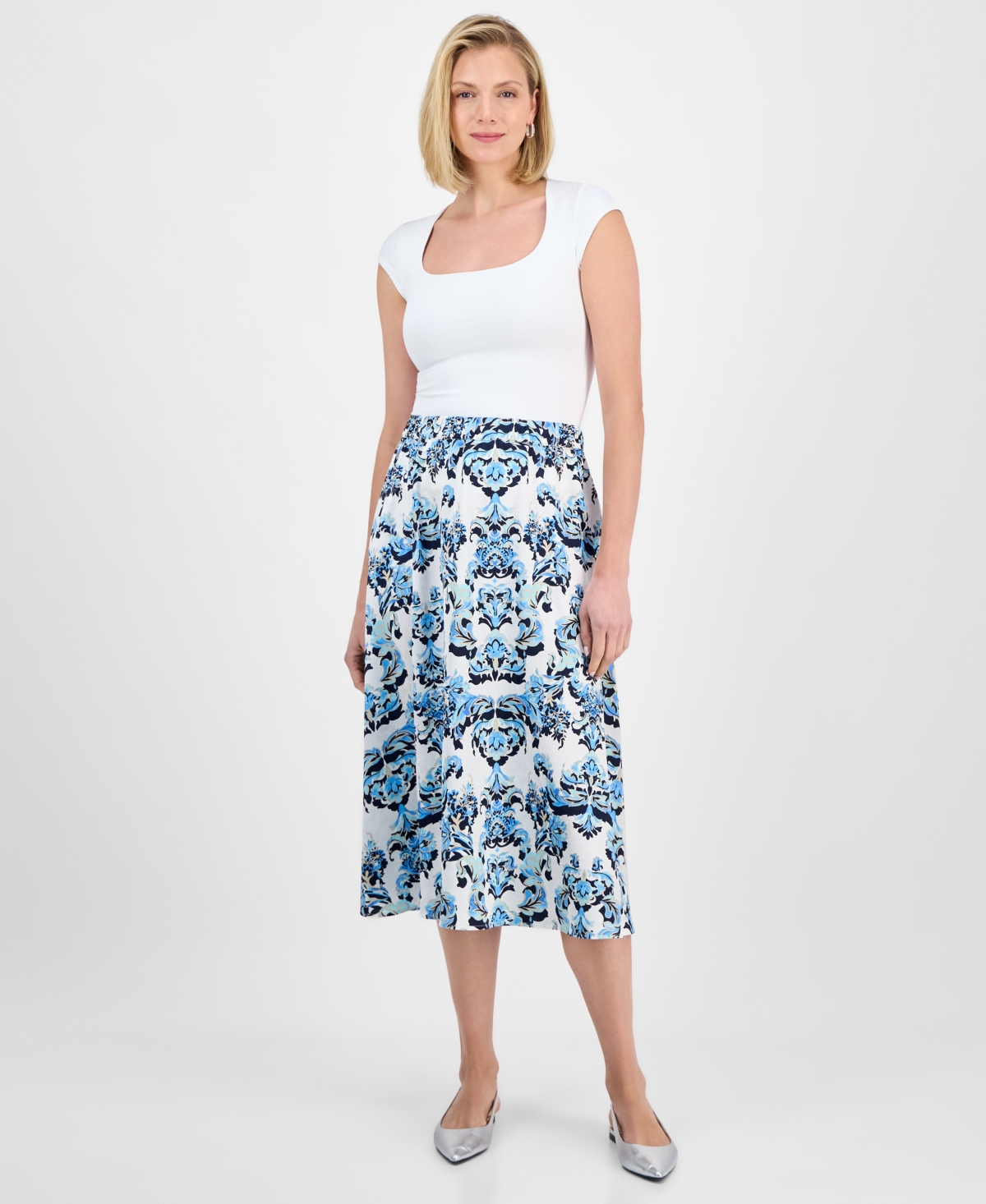Shop Jm Collection Women's Printed Jacquard Pull-on Midi Skirt, Exclusively At Macy's