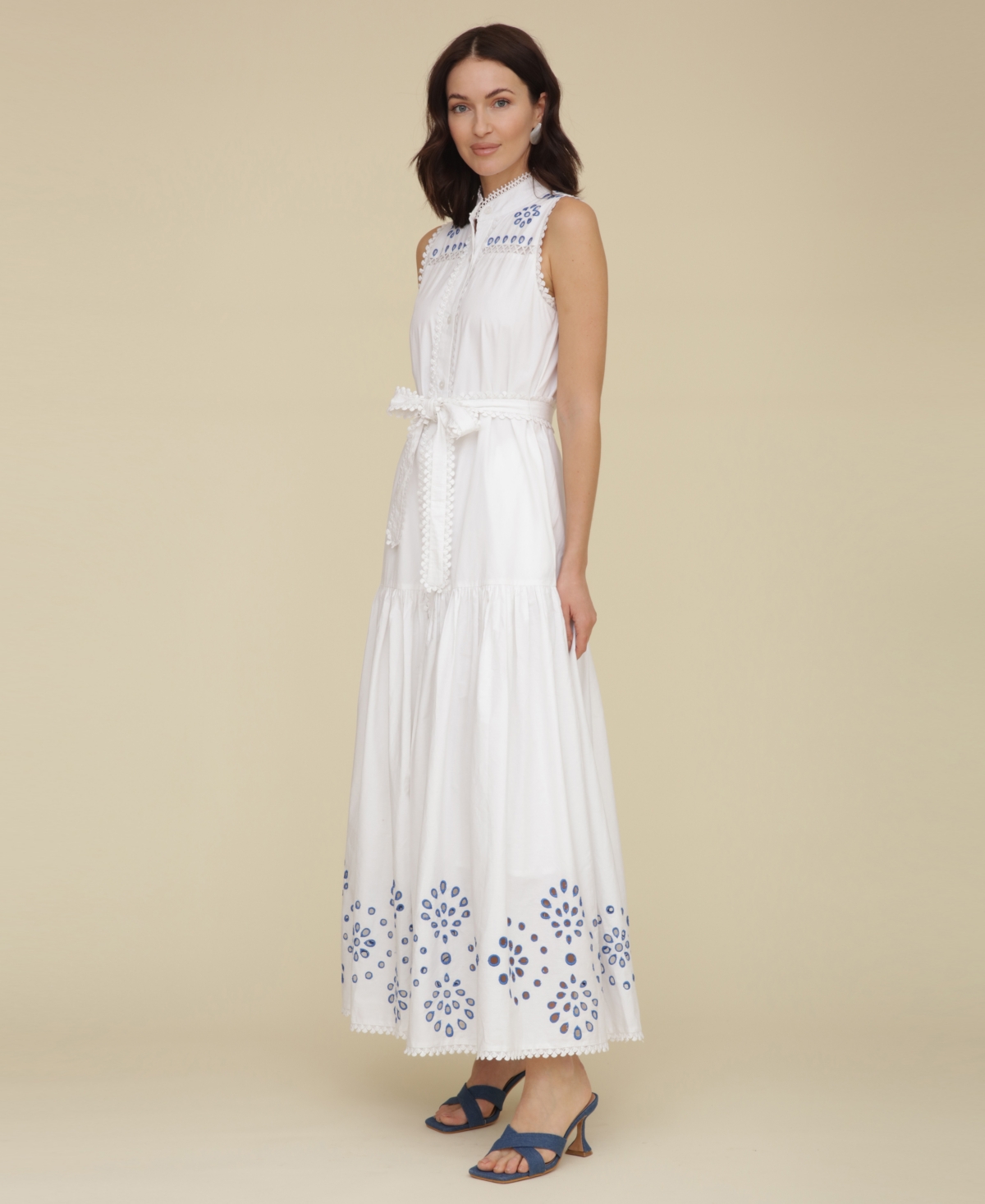 Avec Les Filles Eyelet Embroidery Sleeveless Maxi Dress In White  Blue