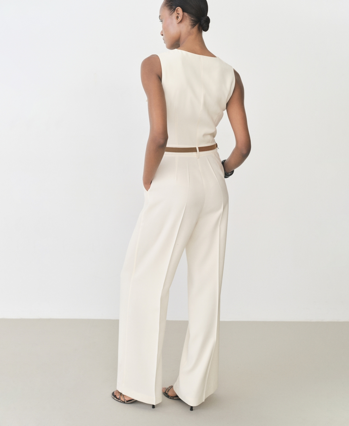 Mango Belt Long Jumpsuit Ecru In Ecru